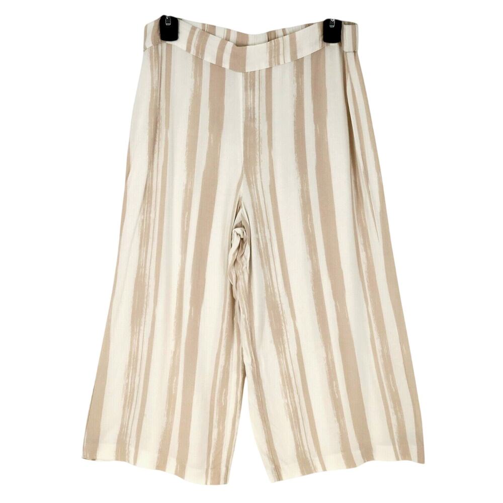 Chicos Pants 1 Womens Medium Beige Ivory Stripe Capri Wide Leg Beach Coastal